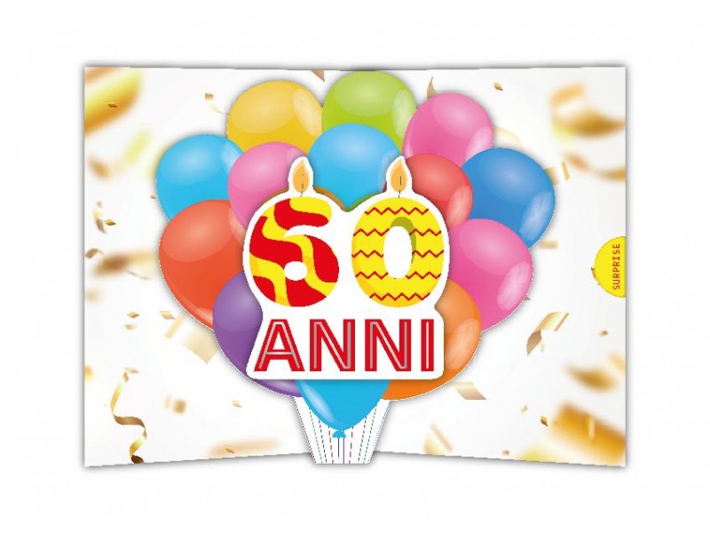 Biglietto 60 anni pop-up con numero candeline e palloncini colorati