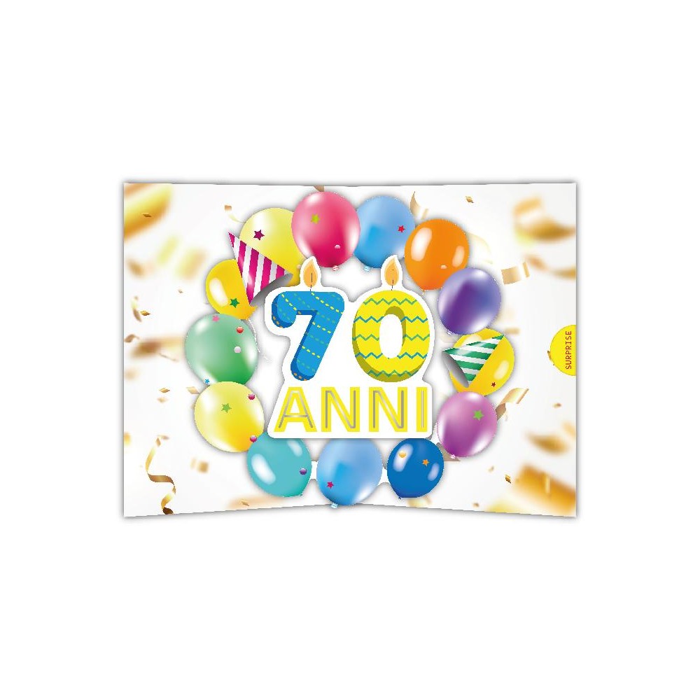 Biglietto 70 anni pop-up con candeline e palloncini colorati