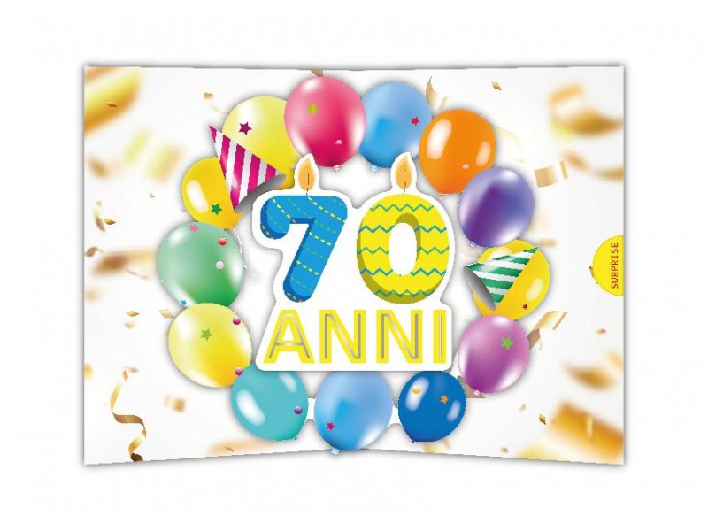 Biglietto 70 anni pop-up con candeline e palloncini colorati