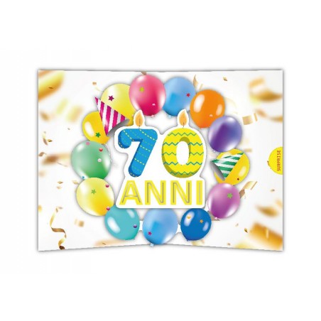 Biglietto 70 anni pop-up con candeline e palloncini colorati