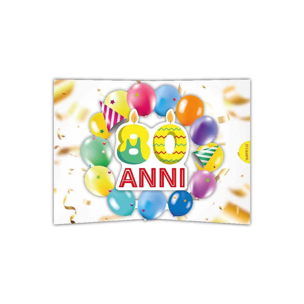 Biglietto 80 anni pop-up con candeline e palloncini colorati
