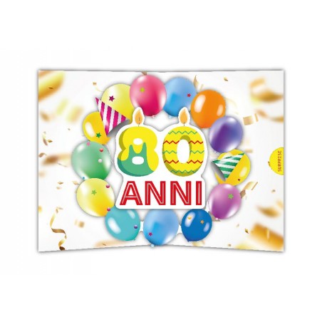 Biglietto 80 anni pop-up con candeline e palloncini colorati