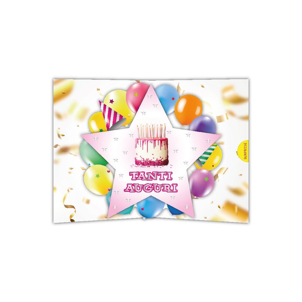 Biglietto compleanno con torta rosa e scritta “Tanti Auguri”, sfondo palloncini