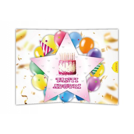 Biglietto compleanno con torta rosa e scritta “Tanti Auguri”, sfondo palloncini