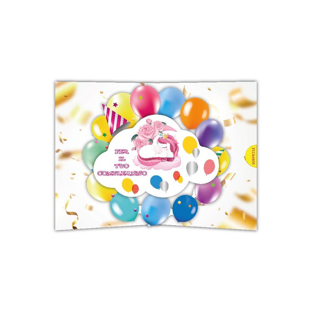 Biglietto compleanno bimba pop-up con unicorno rosa e palloncini