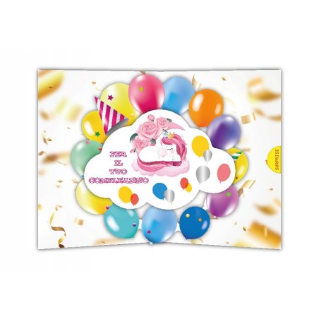 Biglietto compleanno bimba pop-up con unicorno rosa e palloncini