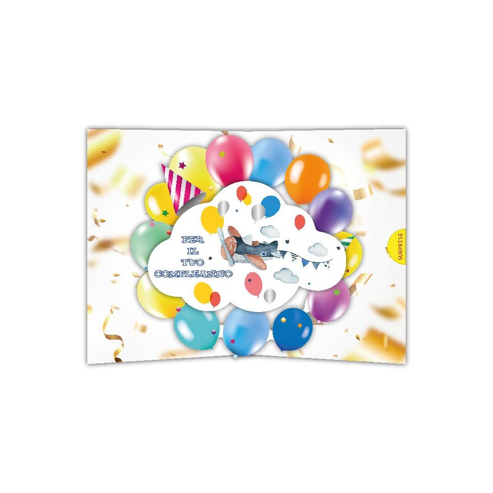 Biglietto compleanno bimbo pop-up con aeroplano e palloncini