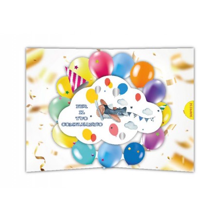 Biglietto compleanno bimbo pop-up con aeroplano e palloncini