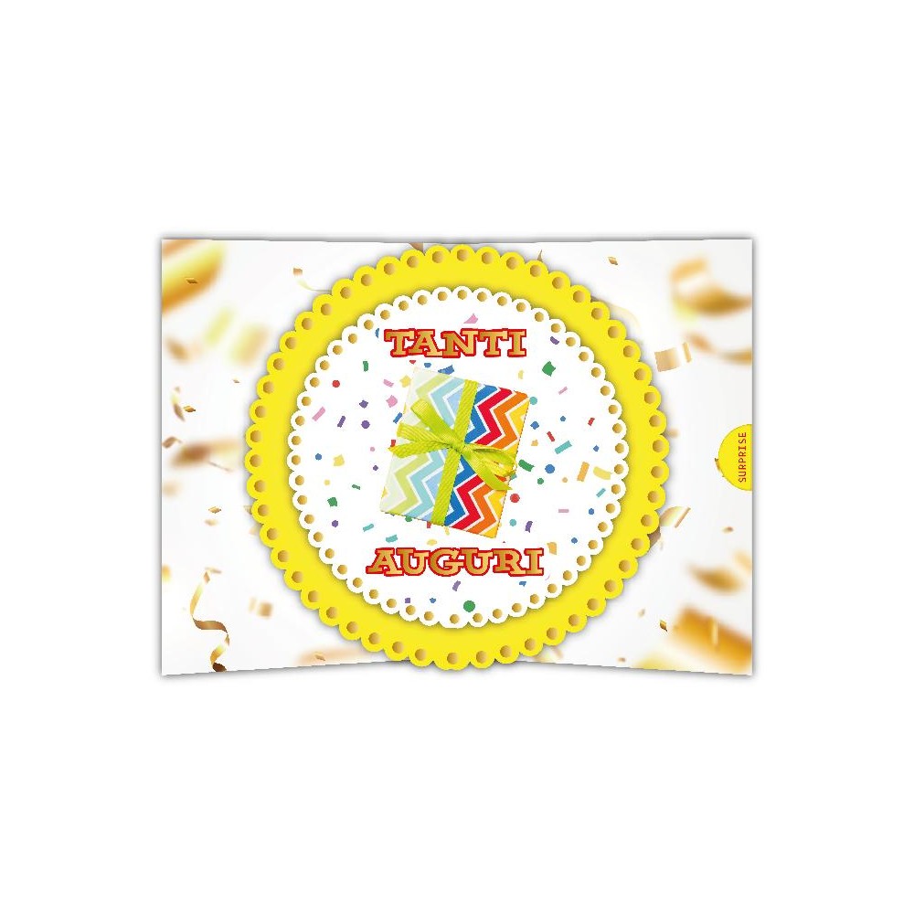 Biglietto tanti auguri con pacco regalo multicolore, sfondo giallo e coriandoli