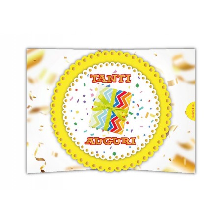 Biglietto tanti auguri con pacco regalo multicolore, sfondo giallo e coriandoli