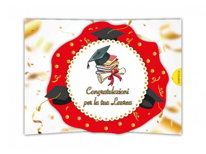 Biglietto laurea pop-up con cappello, pergamena e cornice rossa