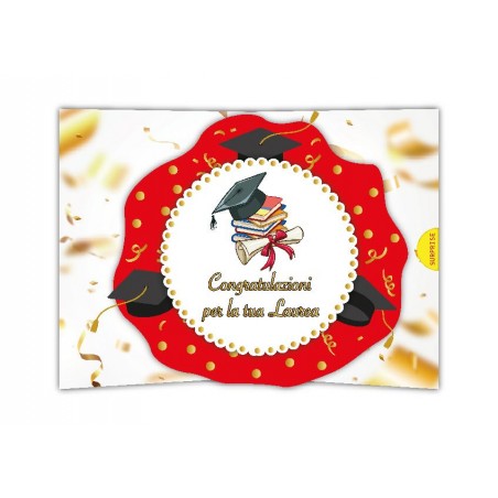 Biglietto laurea pop-up con cappello, pergamena e cornice rossa