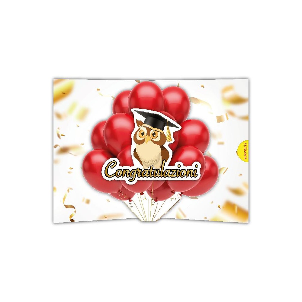 Biglietto di laurea gufo con palloncini rossi pop-up 3D Surprise