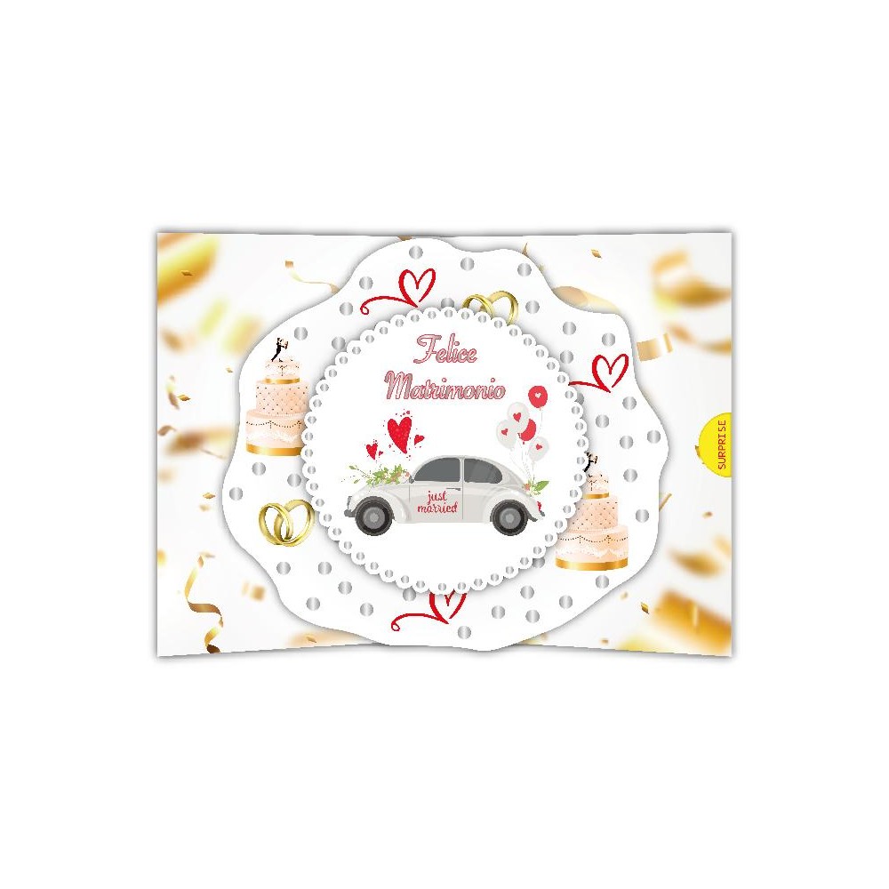 Biglietto di matrimonio con auto Just Married e decorazioni rosse
