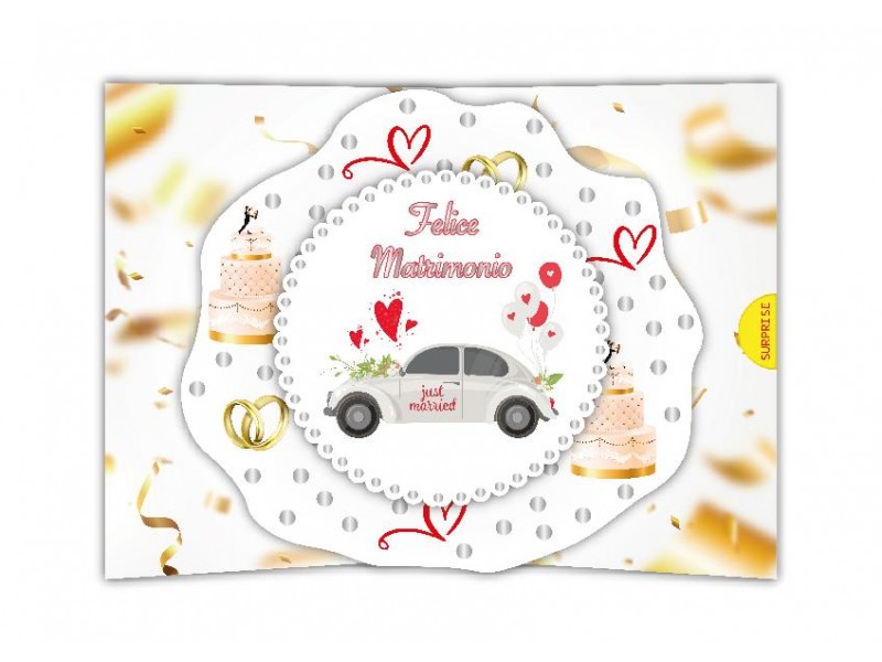 Biglietto di matrimonio con auto Just Married e decorazioni rosse