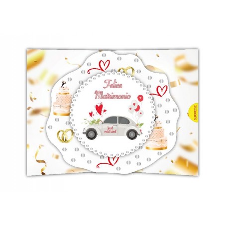 Biglietto di matrimonio con auto Just Married e decorazioni rosse