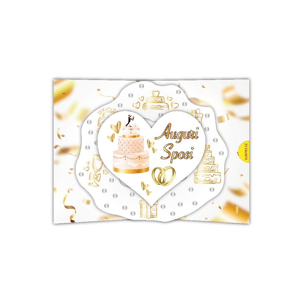 Biglietto di matrimonio con torta nuziale, cuore e fedi dorate, colori bianco e oro