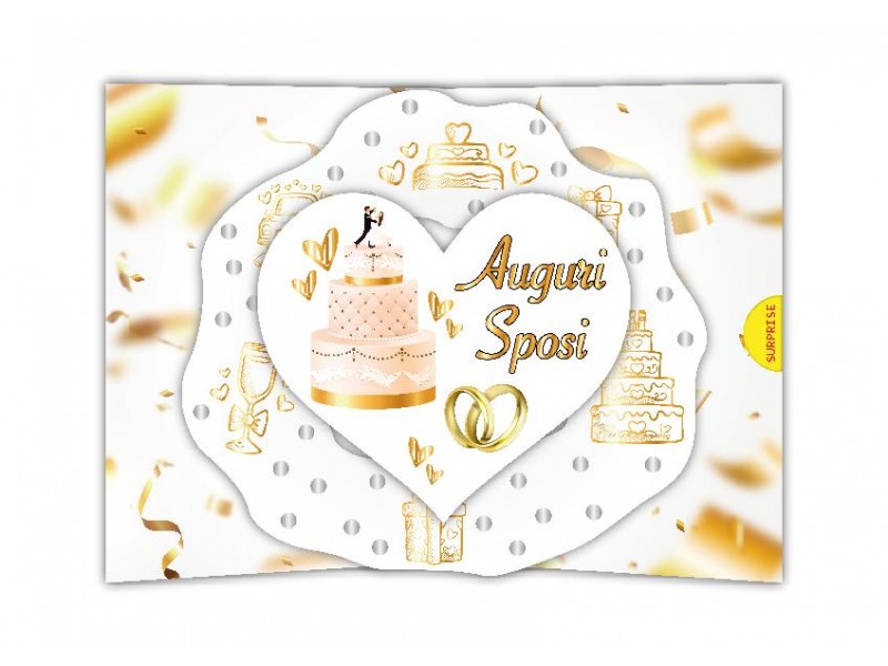 Biglietto di matrimonio con torta nuziale, cuore e fedi dorate, colori bianco e oro