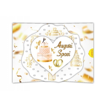 Biglietto di matrimonio con torta nuziale, cuore e fedi dorate, colori bianco e oro