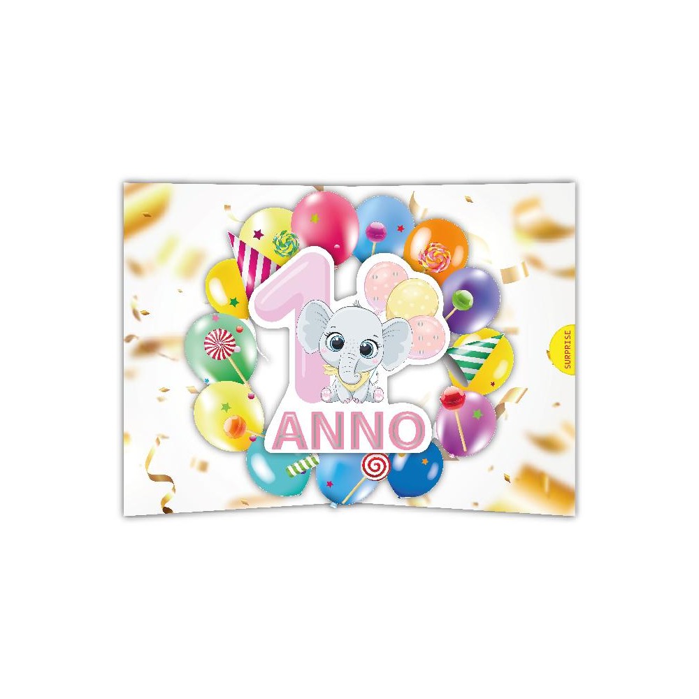 Biglietto pop-up 1 anno bambina con elefantino, palloncini e numero rosa
