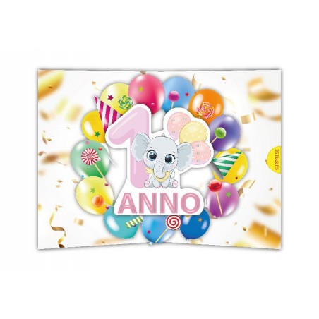Biglietto pop-up 1 anno bambina con elefantino, palloncini e numero rosa