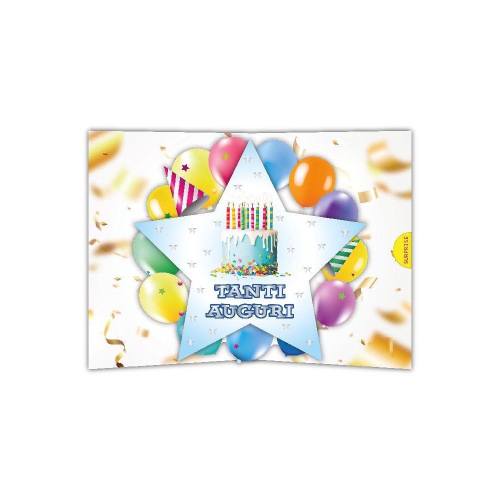 Biglietto compleanno con torta blu, candeline colorate e scritta “Tanti Auguri”