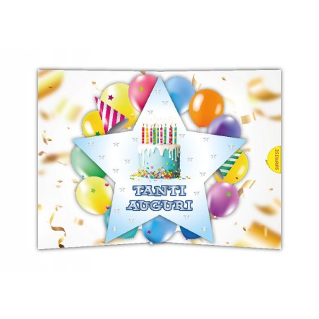 Biglietto compleanno con torta blu, candeline colorate e scritta “Tanti Auguri”