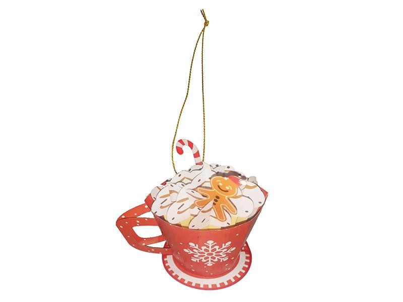 Biglietto di Natale a forma di cioccolata calda con omino pan di zenzero rosso e bianco