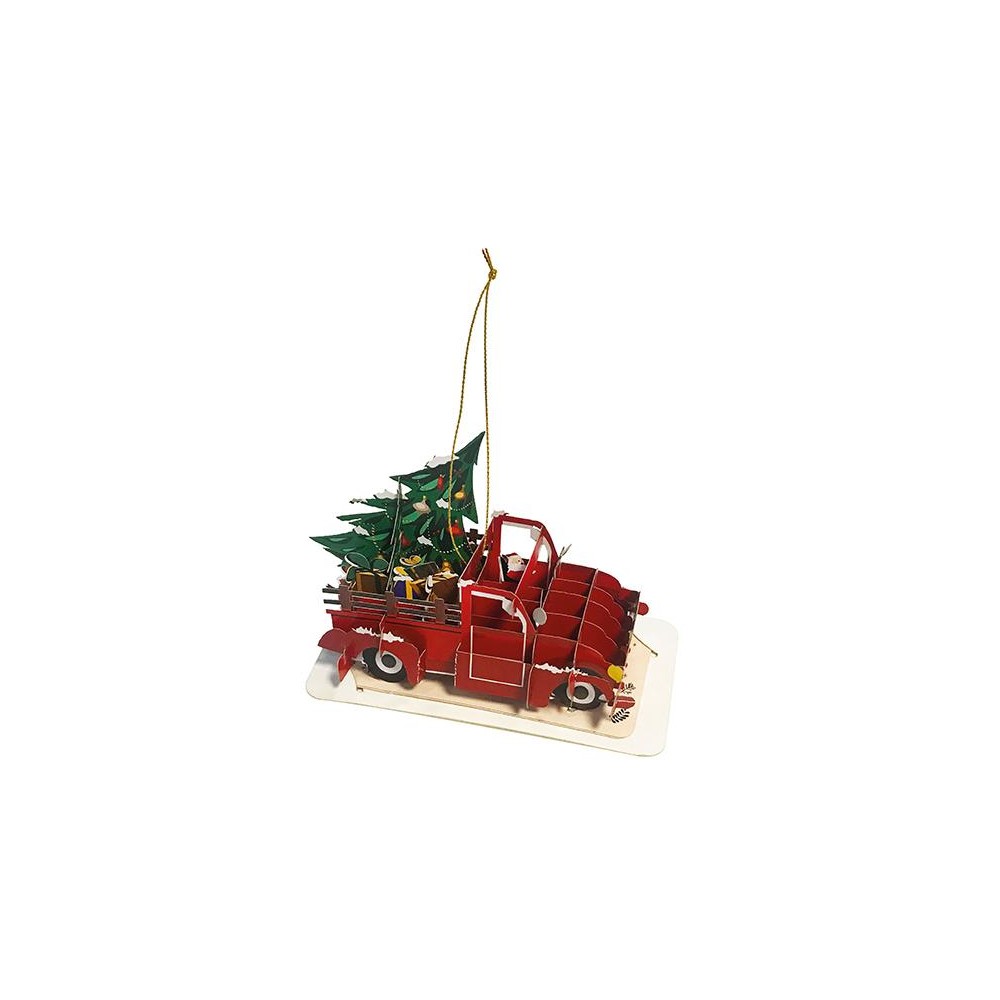 Biglietto di Natale camioncino rosso con alberi e pacchi regalo in 3D