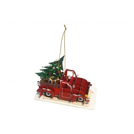 Biglietto di Natale camioncino rosso con alberi e pacchi regalo in 3D