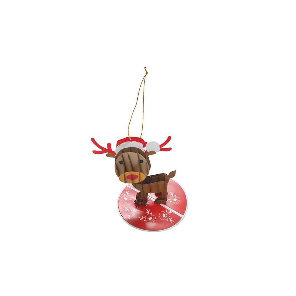 Biglietto natalizio 3D a forma di renna con cappello rosso, appendibile all’albero e base scrivibile