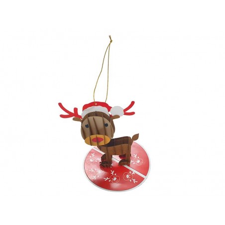 Biglietto natalizio 3D a forma di renna con cappello rosso, appendibile all’albero e base scrivibile