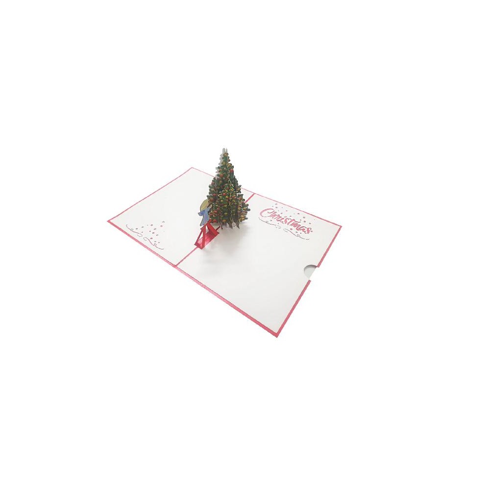 Biglietto di Natale pop-up con angioletto e albero in rosso, verde e bianco