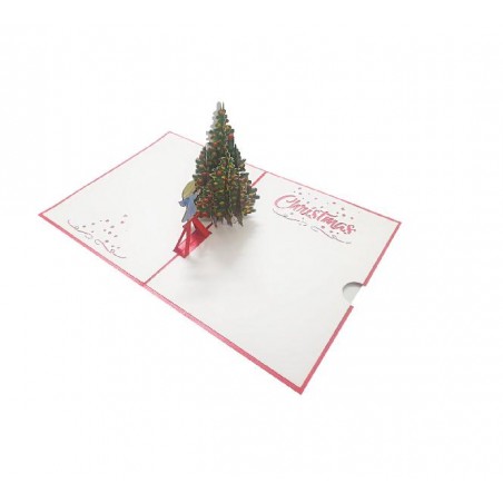 Biglietto di Natale pop-up con angioletto e albero in rosso, verde e bianco
