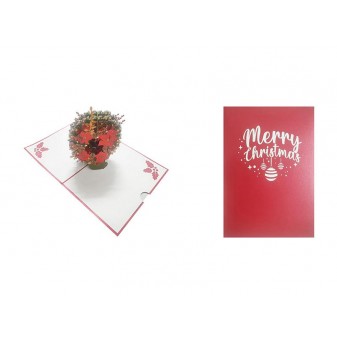 Copertina biglietto rosso “Merry Christmas” con decorazioni natalizie bianche