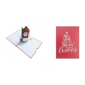 Copertina biglietto rosso “We wish you a Merry Christmas” con scritta a forma di albero