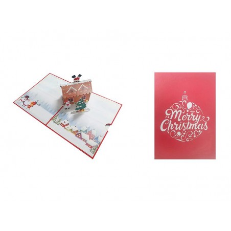 Copertina biglietto rosso con pallina e scritta “Merry Christmas” bianca
