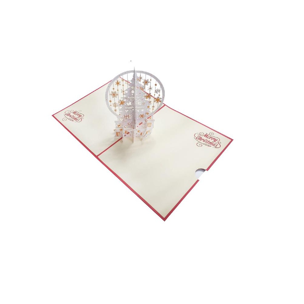 Biglietto di Natale pop-up con sfera fiocchi di neve e albero origami 3D
