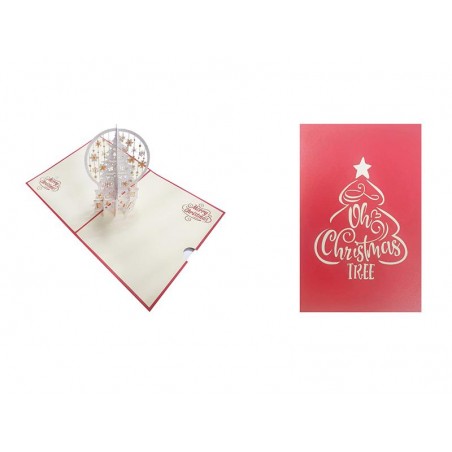 Copertina biglietto rosso con scritta “Oh Christmas Tree” a forma di albero