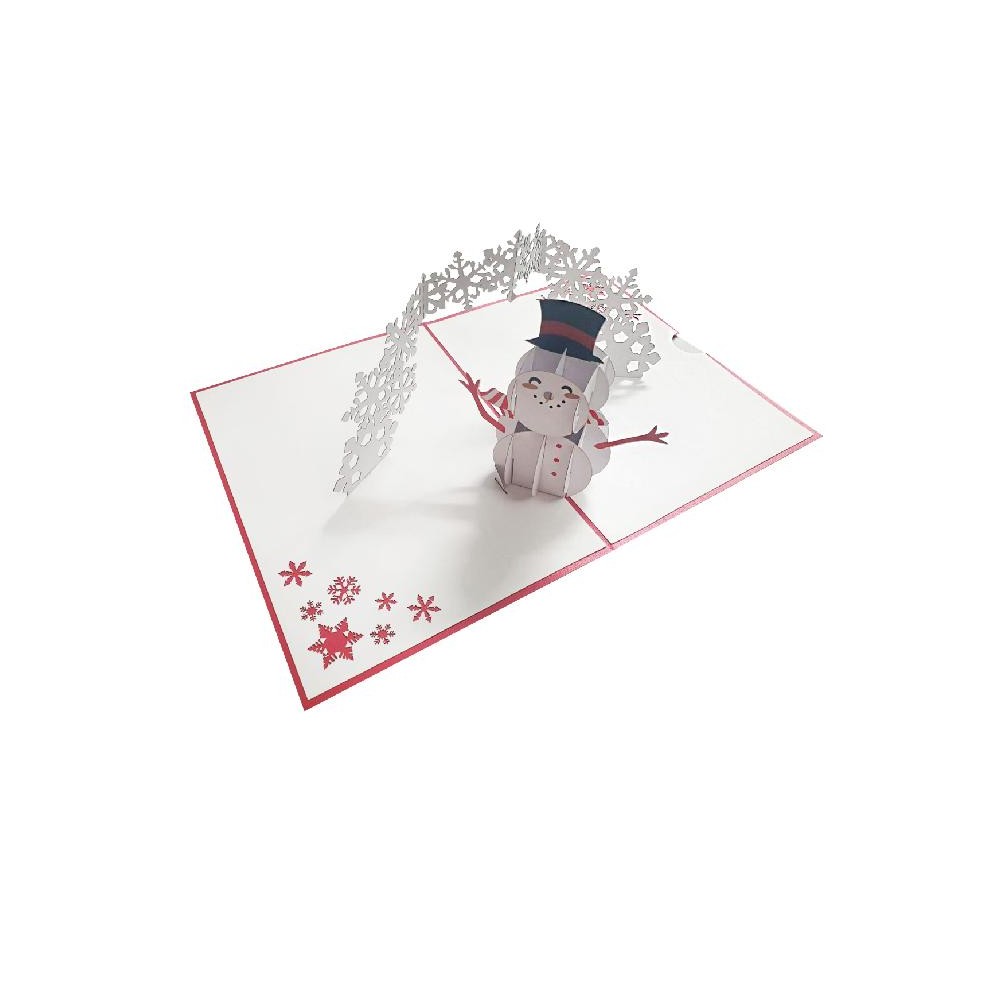Biglietto di Natale pop-up con pupazzo di neve e arco di fiocchi