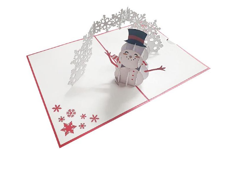 Biglietto di Natale pop-up con pupazzo di neve e arco di fiocchi