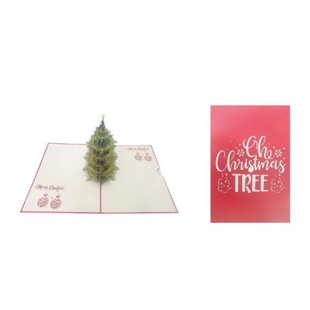 Copertina biglietto rossa con scritta “Oh Christmas Tree” e decori bianchi