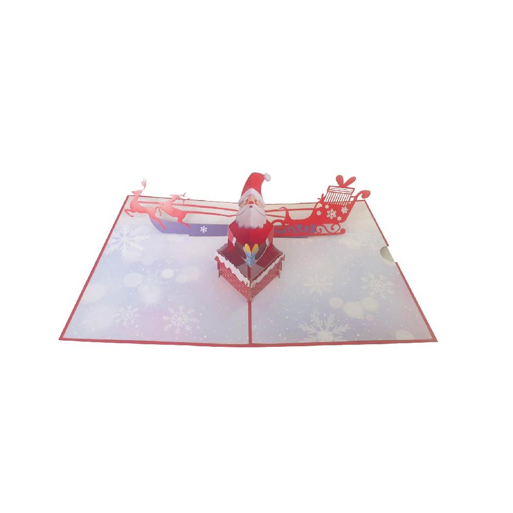 Biglietto pop-up di Natale con Babbo Natale nel camino e slitta con renne