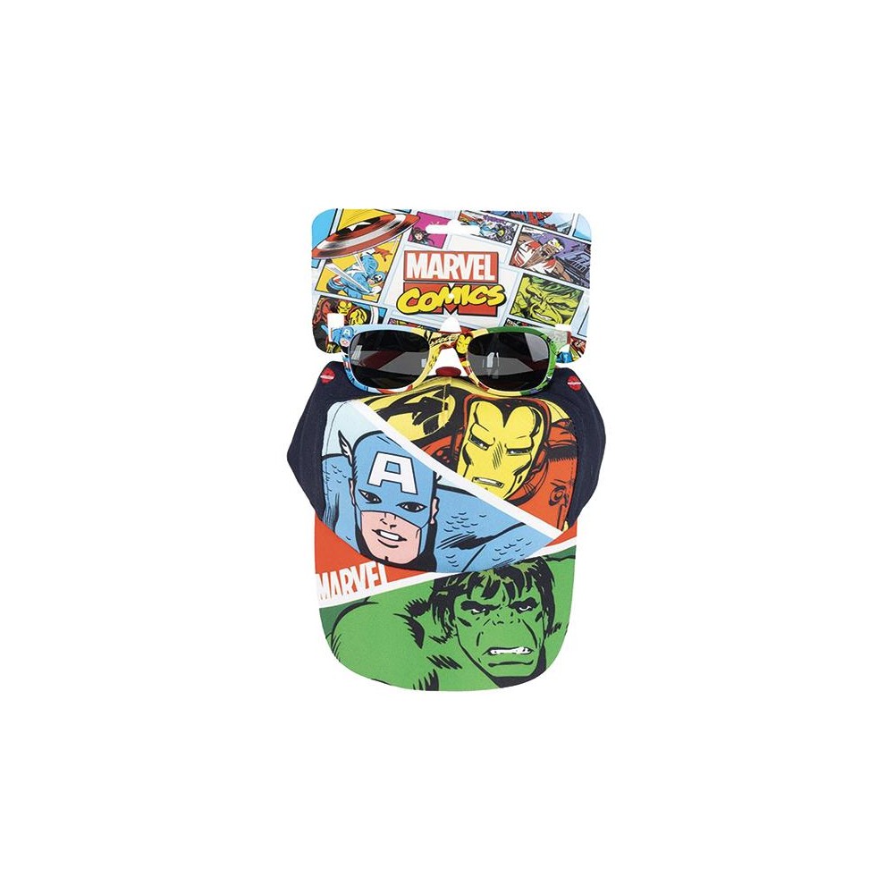 Marvel Avengers Set: occhiali e cappello multicolor con supereroi, confezione vivace per bambini.