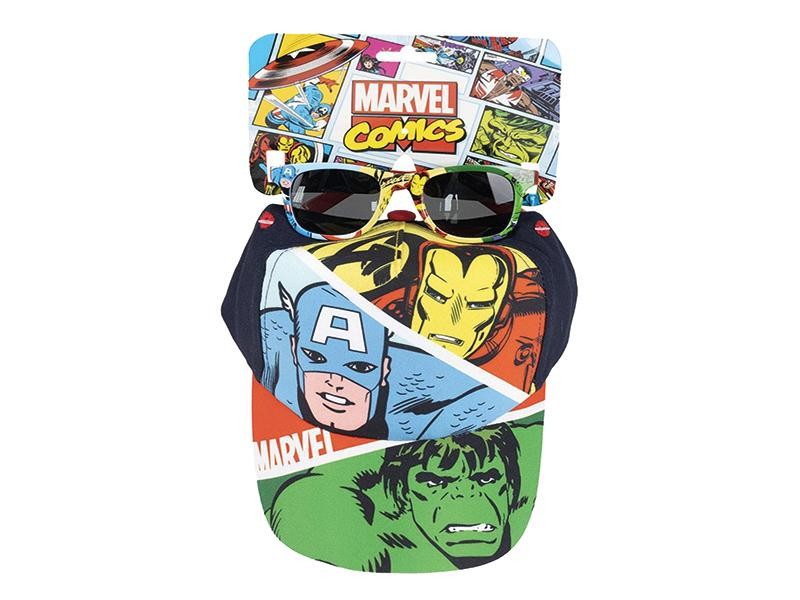 Marvel Avengers Set: occhiali e cappello multicolor con supereroi, confezione vivace per bambini.