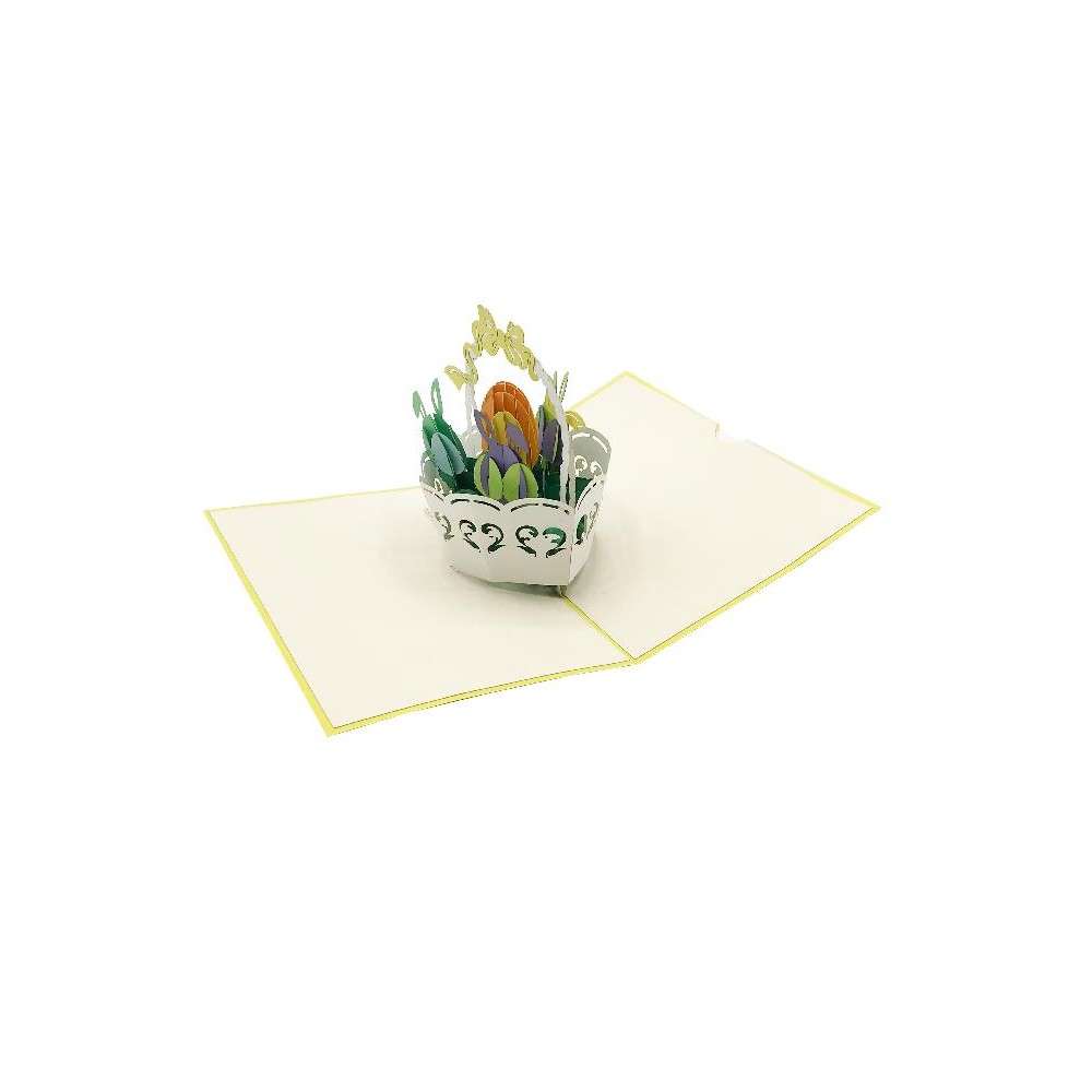 Biglietto di Pasqua con uova colorate in cestino bianco, effetto pop-up 3D