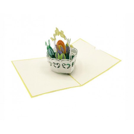 Biglietto di Pasqua con uova colorate in cestino bianco, effetto pop-up 3D