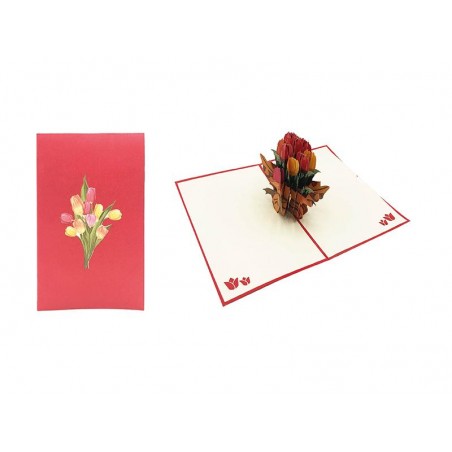 Copertina biglietto rossa con mazzo di tulipani stilizzato
