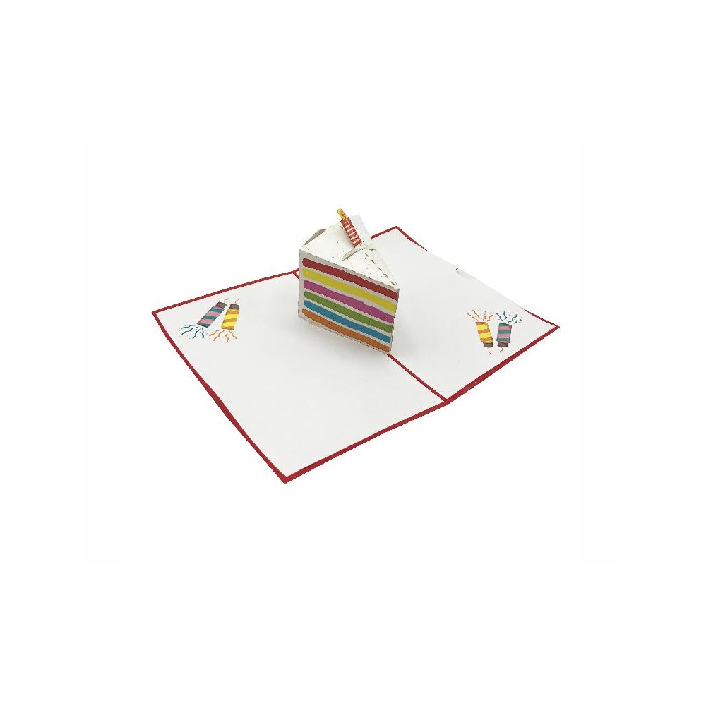 Biglietto di compleanno con fetta di torta pop-up arcobaleno su sfondo bianco