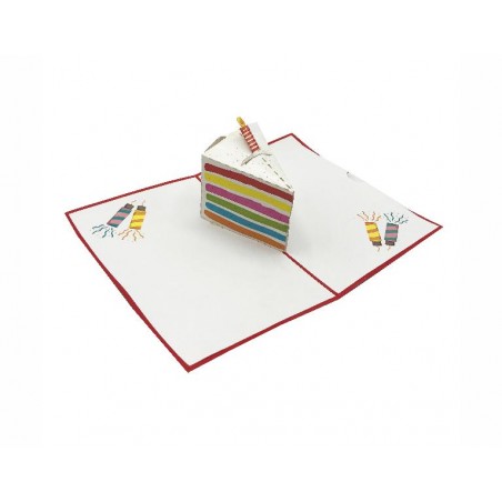 Biglietto di compleanno con fetta di torta pop-up arcobaleno su sfondo bianco